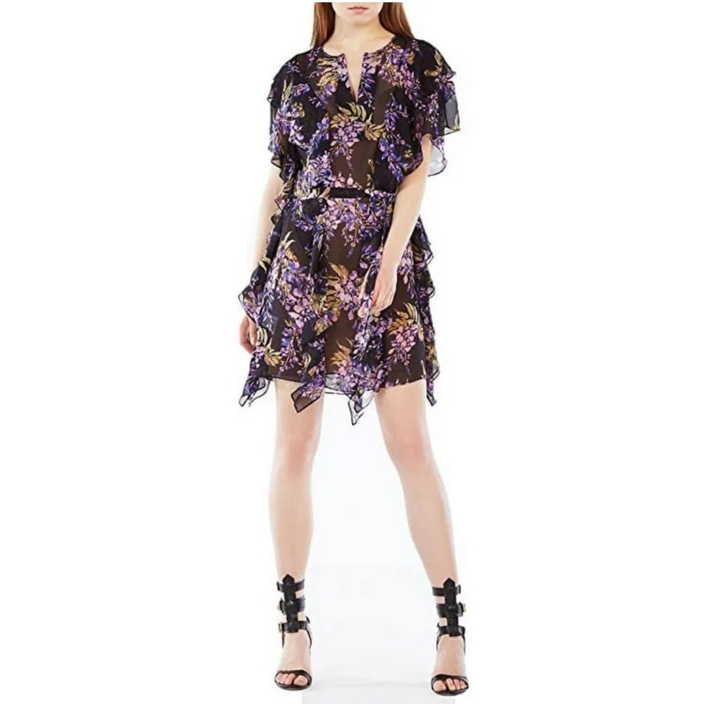 BCBG MAXAZRIA Filippa Floral Purple Black Silk Dress Ruffle Womens Size Xs